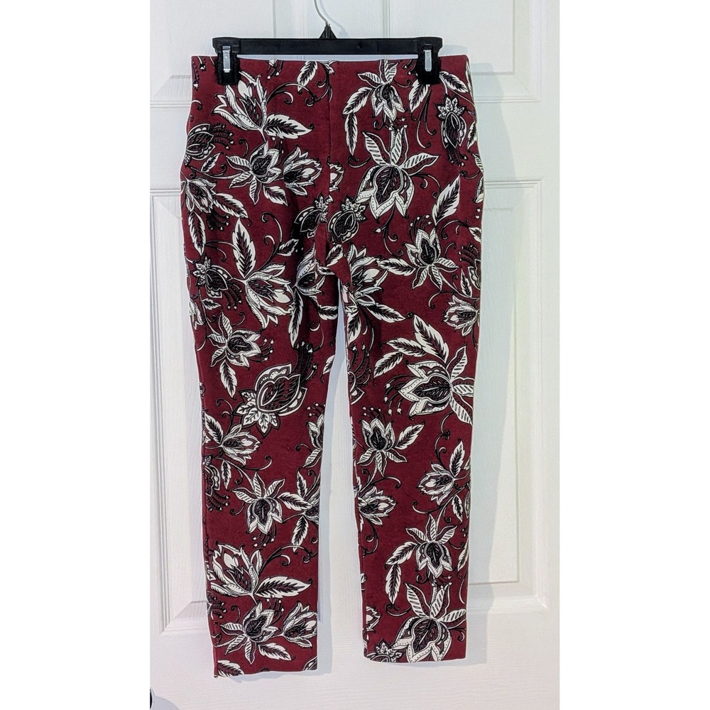 Chico's Floral Print Pants Stretch Pull On Burgundy Red Size XS‎ (00)